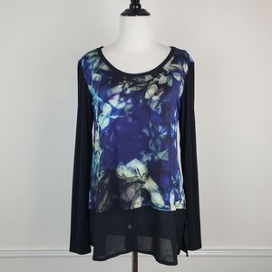 Deca Paris Top Blouse Floral Chiffon Layered Boho Dramatic Abstract Blue Black